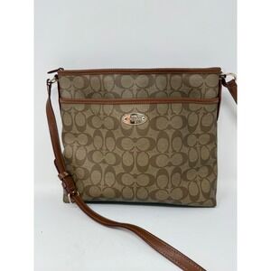 Coach F34938 Khaki Logo Crossbody Bag Leather Strap Designer Classic